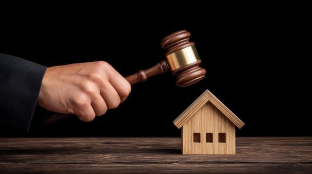 Judge gavel and wooden house model foreclosure auction 